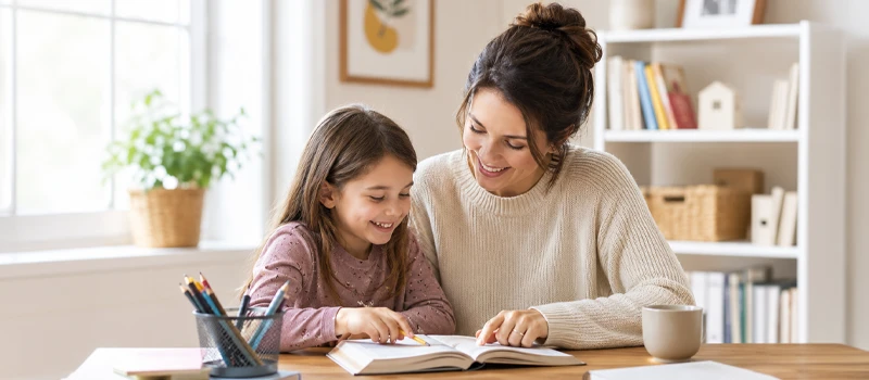 Mère et sa fille souriantes réalisant une activité éducative lors d'un atelier parentalité du programme SOCIALP