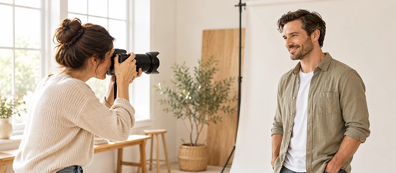 Photographe professionnelle prenant un homme en photo lors de la séance shooting pour l'image de soi avec SOCIALP